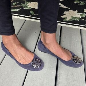 Tory Burch Purple/Blue Suede Logo Ballet Flats